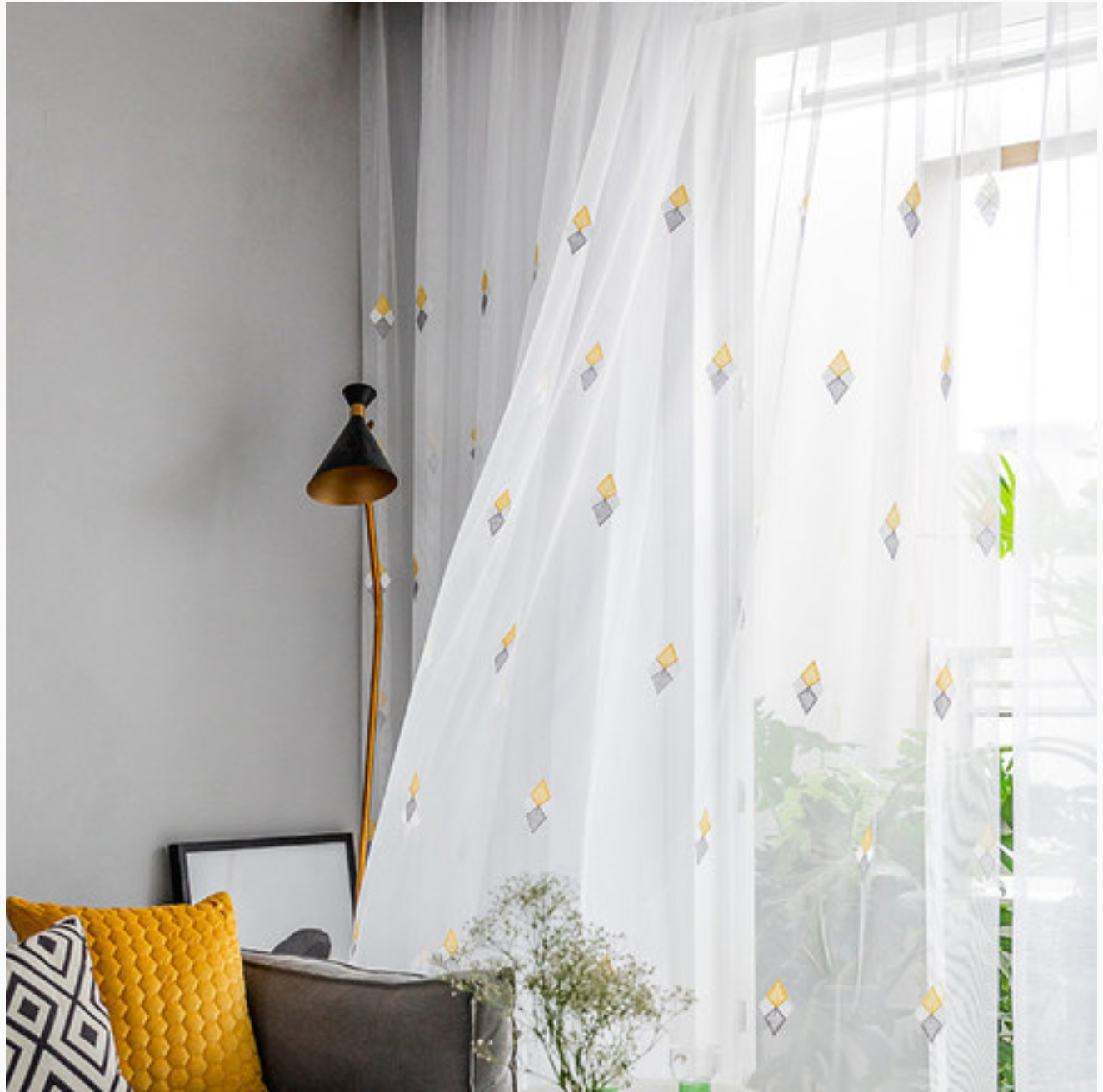 ✅ VOILAGE AVEC BRODERIE MOTIF GRIS/JAUNE L140 x H260 cm