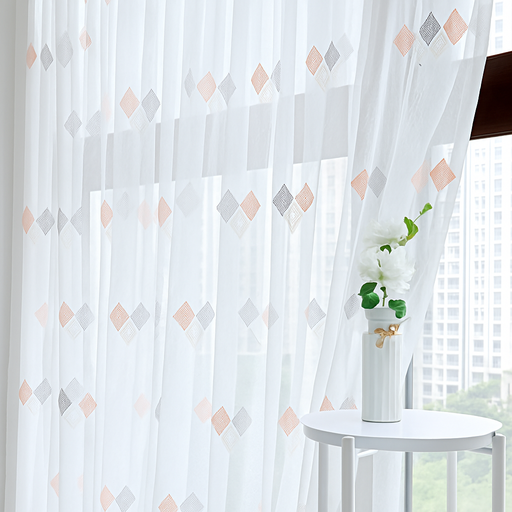 ✅ VOILAGE AVEC BRODERIE MOTIF GRIS/SAUMON L140 x H260 cm