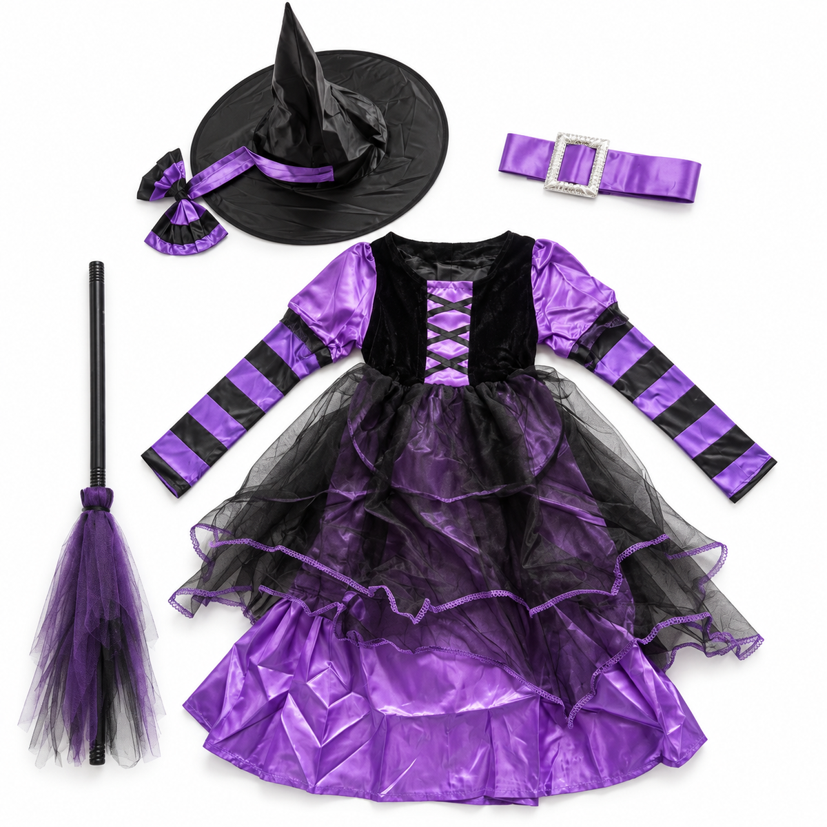 Déguisement Halloween Sorcière Violet et Noir – Robe, chapeau, ceinture et balai 🧙♀️