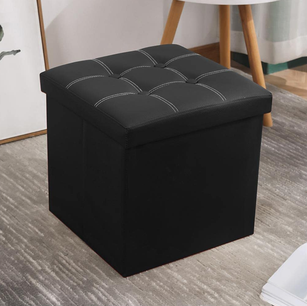 Pouf de Rangement Pliable Noir 38 cm x 38 cm x 38 cm