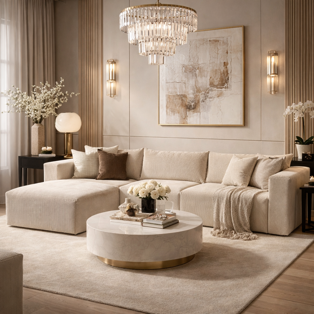 ✅ Canapé d’angle beige pour salon moderne (268*75*62 cm)