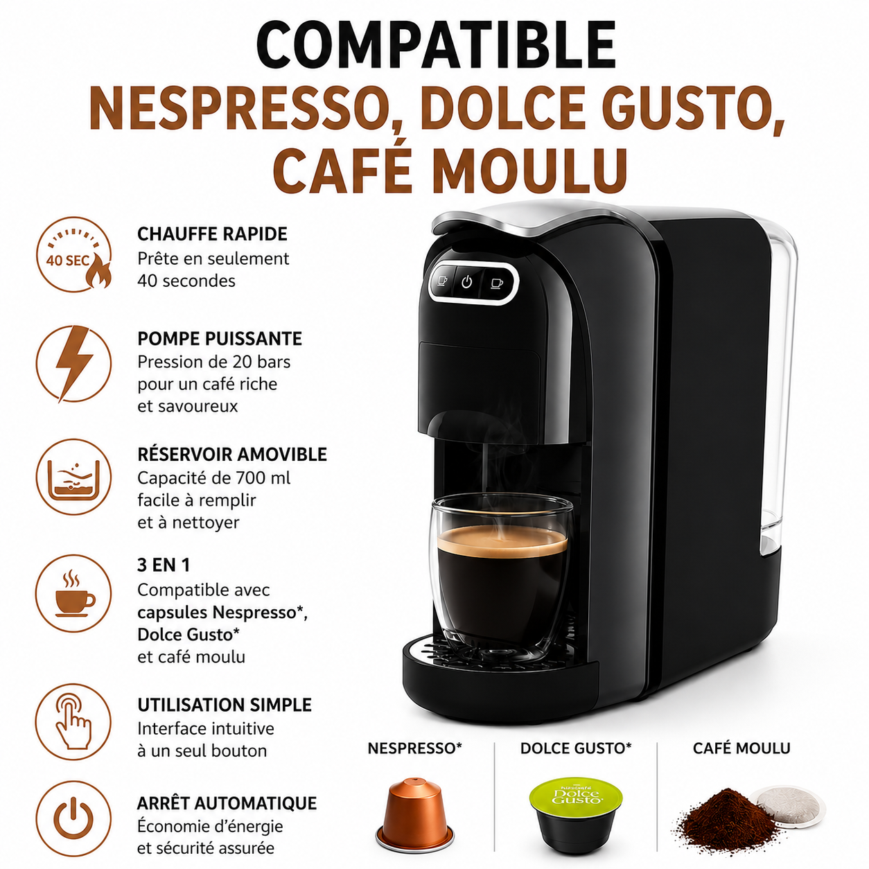 Machine à Café 3-en-1 Compatible avec les capsules Nespresso, Dolce Gusto et le café moulu