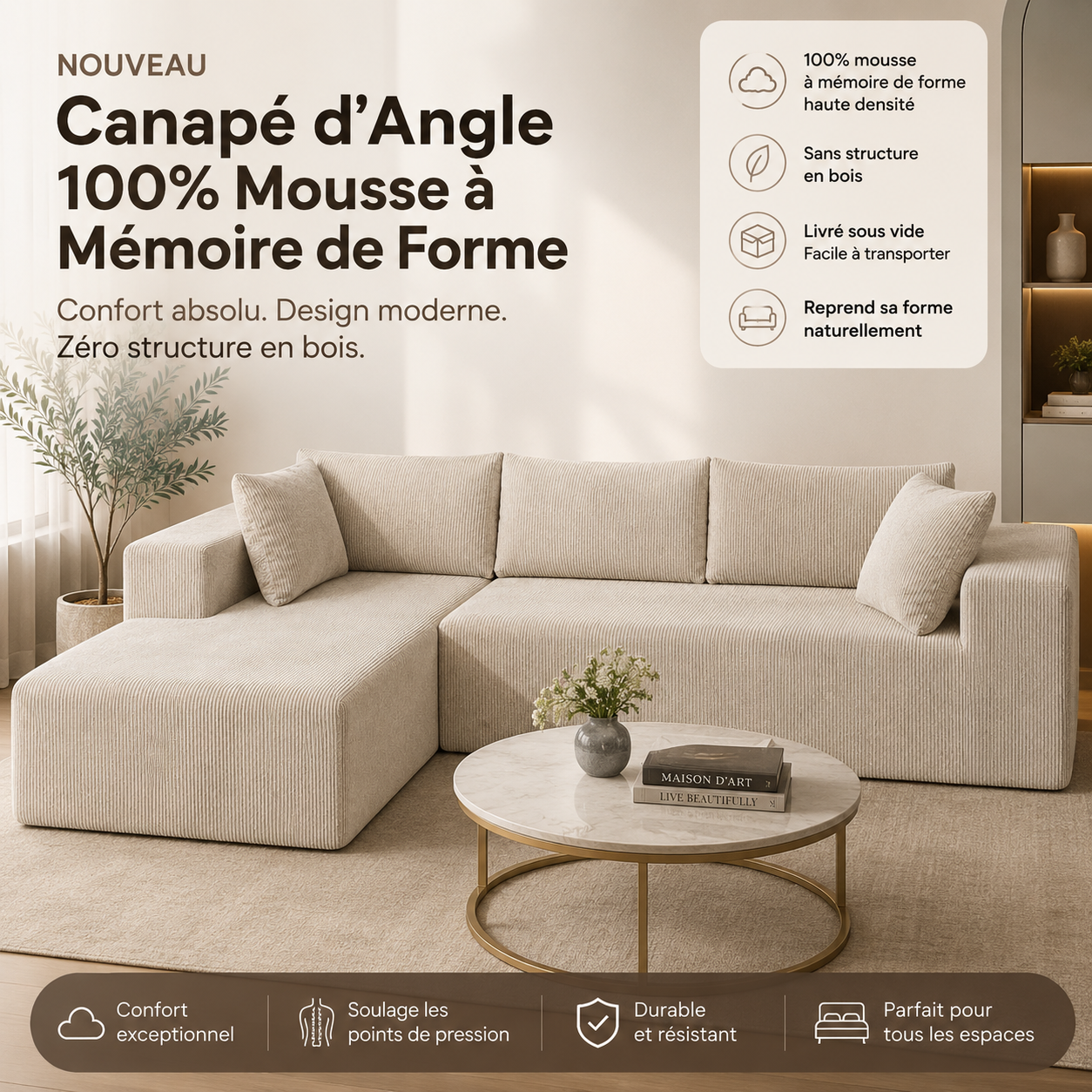✅ Canapé d’angle beige pour salon moderne (268*75*62 cm)