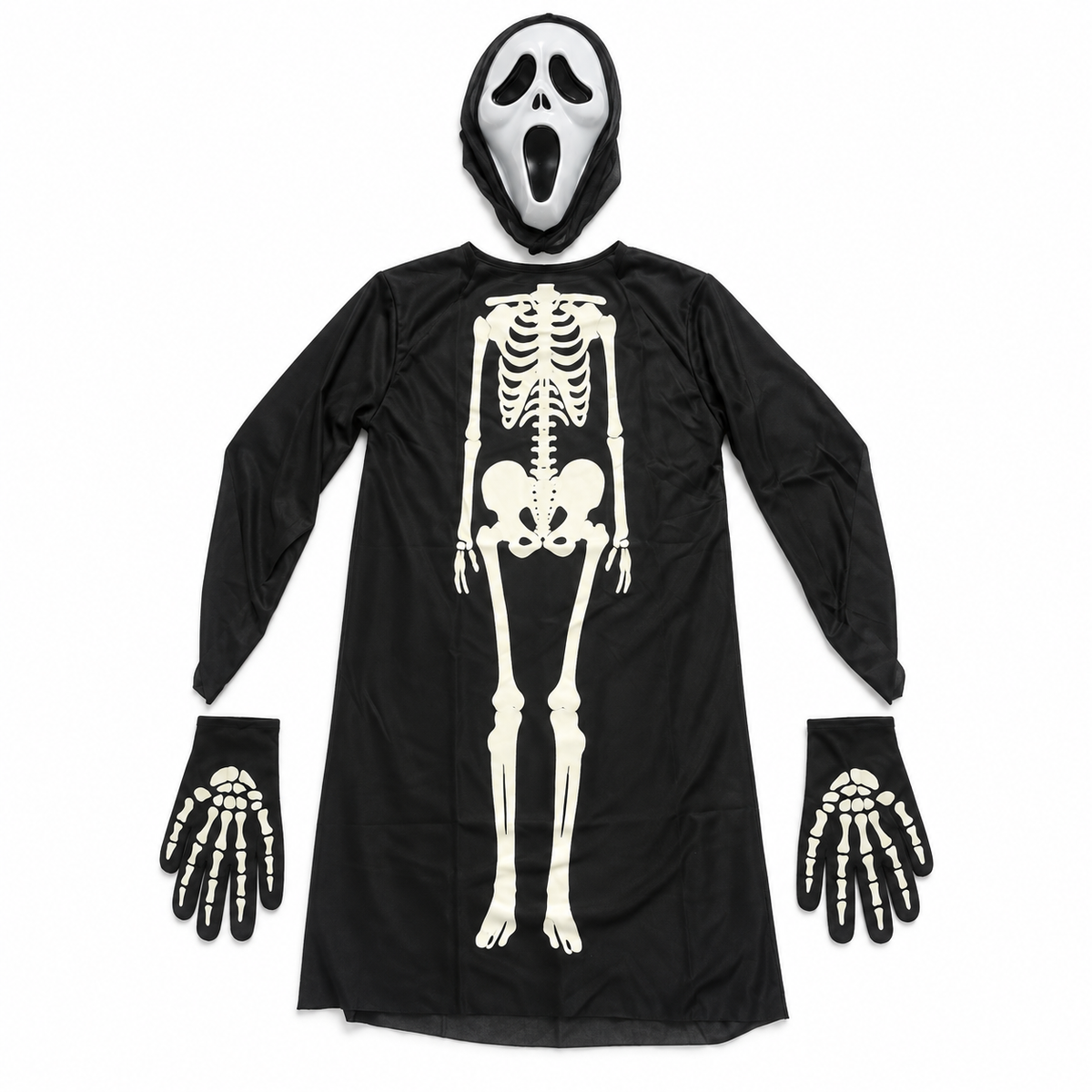 Déguisement Halloween Squelette – Tunique noire avec masque fantôme et gants 👻