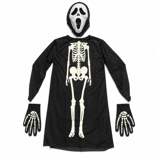 Déguisement Halloween Squelette – Tunique noire avec masque fantôme et gants 👻