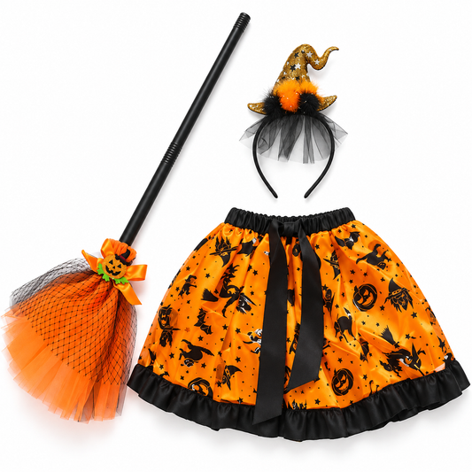 Jupe Halloween Sorcière Orange et Noir – Jupe, serre-tête et balai 🎃